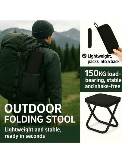 黑色重型折叠露营椅 - 便携式紧凑型户外椅，承重200公斤/440磅，轻便坚固的框架，易于安装和折叠，耐候面料，适用于露营、海滩、钓鱼、花园和旅行 - 是度假和户外探险的理想之选，露营家具，沙滩椅，节省空间的家具，经久耐用，钓鱼装备，节省空间的设计，加固缝线，节日参与者，折叠凳，折叠椅，便携式折叠椅，可折叠