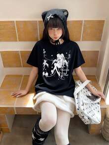 2026 Summer New Women's Round Neck Casual Loose Anime Gothic Style Printed Pattern Y2K Streetwear Versatile College Student Short Sleeve T-Shirt, 1 Piece - Black - View 3