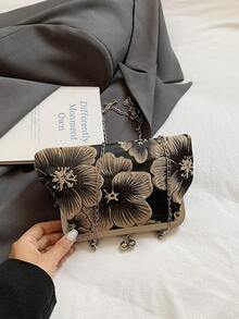 2026新款链条流苏晚宴手拿包，时尚明星手提包，单肩斜挎包，纯色拉链链条托特包【花卉图案位置随机】 - 黑色 - 查看 8