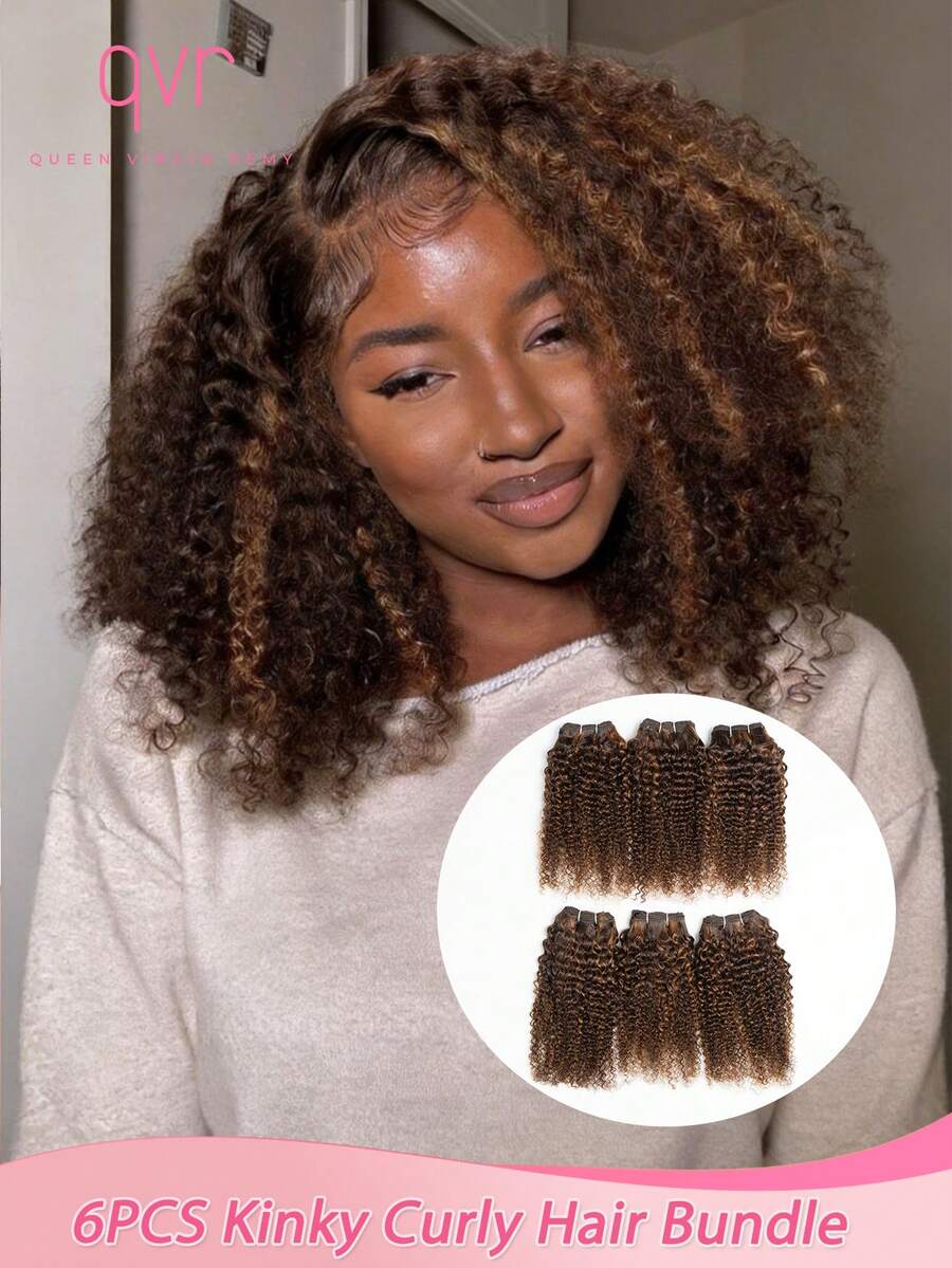 QVR QUEEN VIRGIN REMY Bộ 6 lọn tóc nối ngắn xoăn tự nhiên, màu nâu pha trộn P4/30, tóc xoăn nguyên chất Brazil dùng để làm tóc giả, mềm mại và dễ sử dụng, bó tóc xoăn châu Phi giá cả phải chăng, nhiều lựa chọn màu sắc. - S4/30 - Xem 1