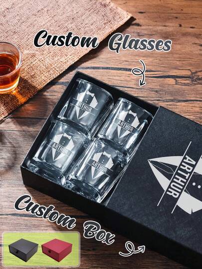 1 Set 4pcs 2oz/60ml Personalized Shot Glass Set With Gift Box,Permanent Laser Engraving - Fade-Proof Whiskey Glass,Customizable Name,Square Cup Mouth,Shot Glass Suitable For Grooms Men Gifts,Wedding Personalised Gifts, Bridesmaids Gifts,Shot Glaases,18th Birthday Gifts,21st Birthday Gifts,30th Birthday Gifts,Personalised Gifts And For Dad,Champagne Flutes,Bar Set,Shot Glasses,Dad Gifts,Kitchen Accessaries,Water Bottle,Teacher Gifts,Camping,Home