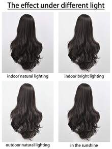 28 Inch Long Black Wavy Wig For Women - Curtain Bangs, Heat-Resistant Synthetic, Adjustable Fit - Black Brown - View 6