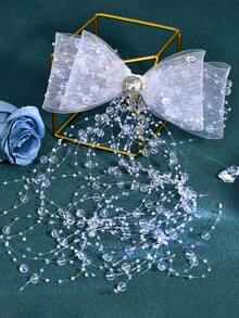 1pc Handmade Bow Pearl Tassel Hair Clip Headband, Bridal Wedding Accessory Suitable For Party, Photography, Daily Wear - Silver - View 6