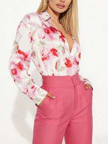Große Größen Aquarell Blume Muster Loose Shirt, französischer Lässig Stil, Hemdkragen, elegante Pendler Bluse Rosa Urlaub Frühling - Pink - Übersicht 2