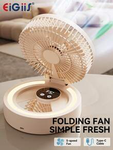 EIGIIS 1pc Mini Portable Adjustable Desktop Fan, 5 Wind Speeds, With Lighting Mirror, Wireless Charging USB Powered, Foldable & Adjustable, Suitable For Office, With Timer Function - Desktop Version - View 1