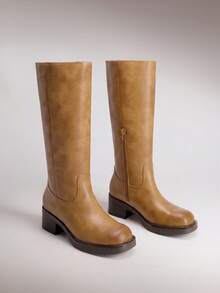 Womens Square Toe Chunky Block Heel Knee High Boots Banana Campus Boots For Women Casual Comfortable Low Heel Side Zipper Riding Tall Boots - Brown - View 2