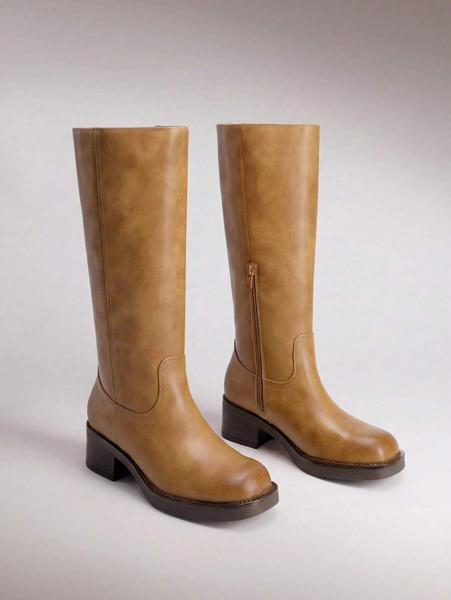 Womens Square Toe Chunky Block Heel Knee High Boots Banana Campus Boots For Women Casual Comfortable Low Heel Side Zipper Riding Tall Boots - 棕色 - 查看 1