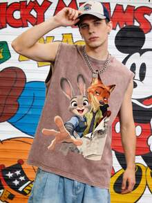 Disney Zootopia Nick & Judy Breakout 230GSM Vintage Washed Streetwear Tank Top, Casual Tank Top - Màu cà phê - Xem 1