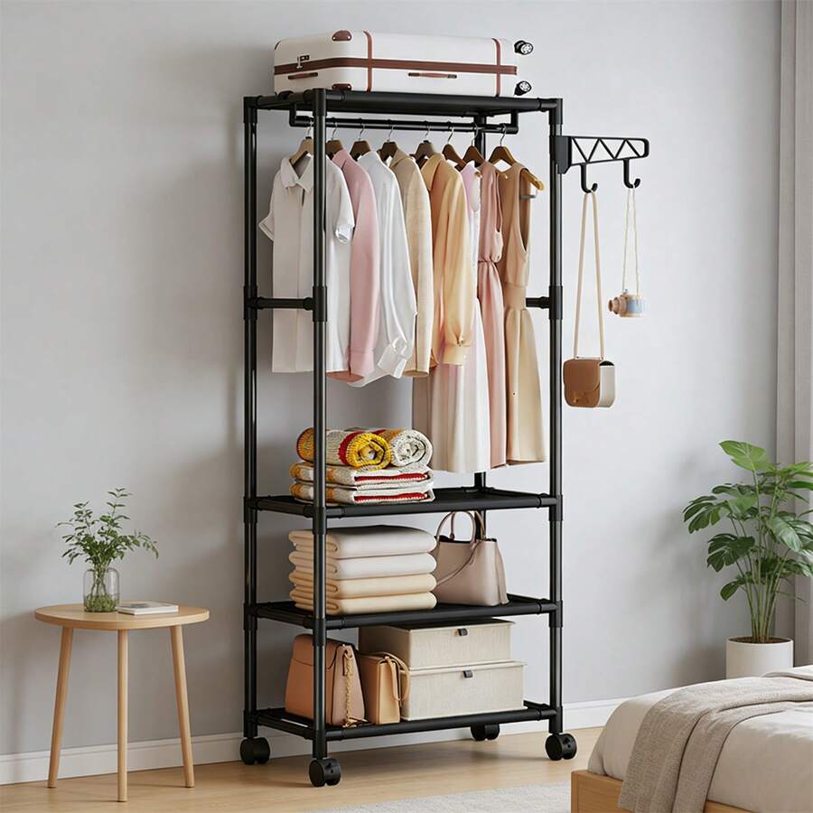 Freestanding Rolling Clothes Rack With Wheels, 1 Hanging Rod And 3 ...