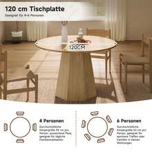 Round Dining Table, 120 X 120 Cm, Ideal For 4 To 6 People, Classic Design, Minimalist Scandinavian Style, Oak Finish - Black - View 7