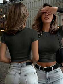 Solid Color Cropped T-Shirt, Y2K Spring/Summer Short-Sleeved Cropped Top, Women's. - Black - View 1