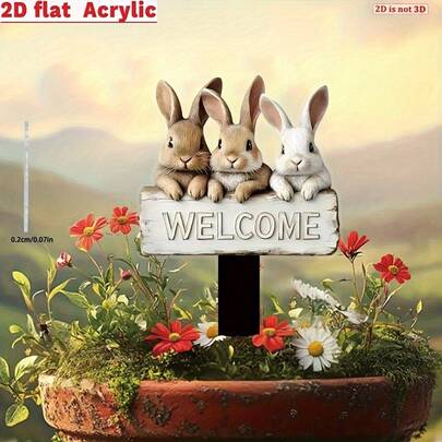 2D Flat, 2D Flat Printing, Cute Rabbit Welcome Sign Garden Stake - Creative Outdoor Acrylic Lawn Insert Decor, Suitable For Flower Pots And Bonsai, Perfect Gift For Home And Friends, 2D Flat