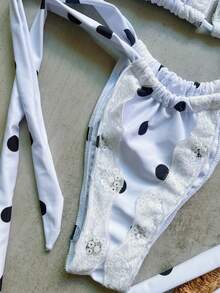 Women Polka Dot Lace Trim Bikini Set With Drawstring Spaghetti Straps Sexy Casual Swimsuit High Stretch - Multicolor - View 4
