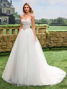 Glamorous Sequin Spaghetti Strap Formal Evening Gown, White Tulle Wedding Dress With Train Spring - White - View 5