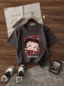 Whysmera SHEIN X Betty Boop Sommer Damen Kurzarm Retro Cartoon Grafik T-Shirt (Polka Dot Rote Lippen), süßer und cooler E-Girl Stil - Grau - Übersicht 2