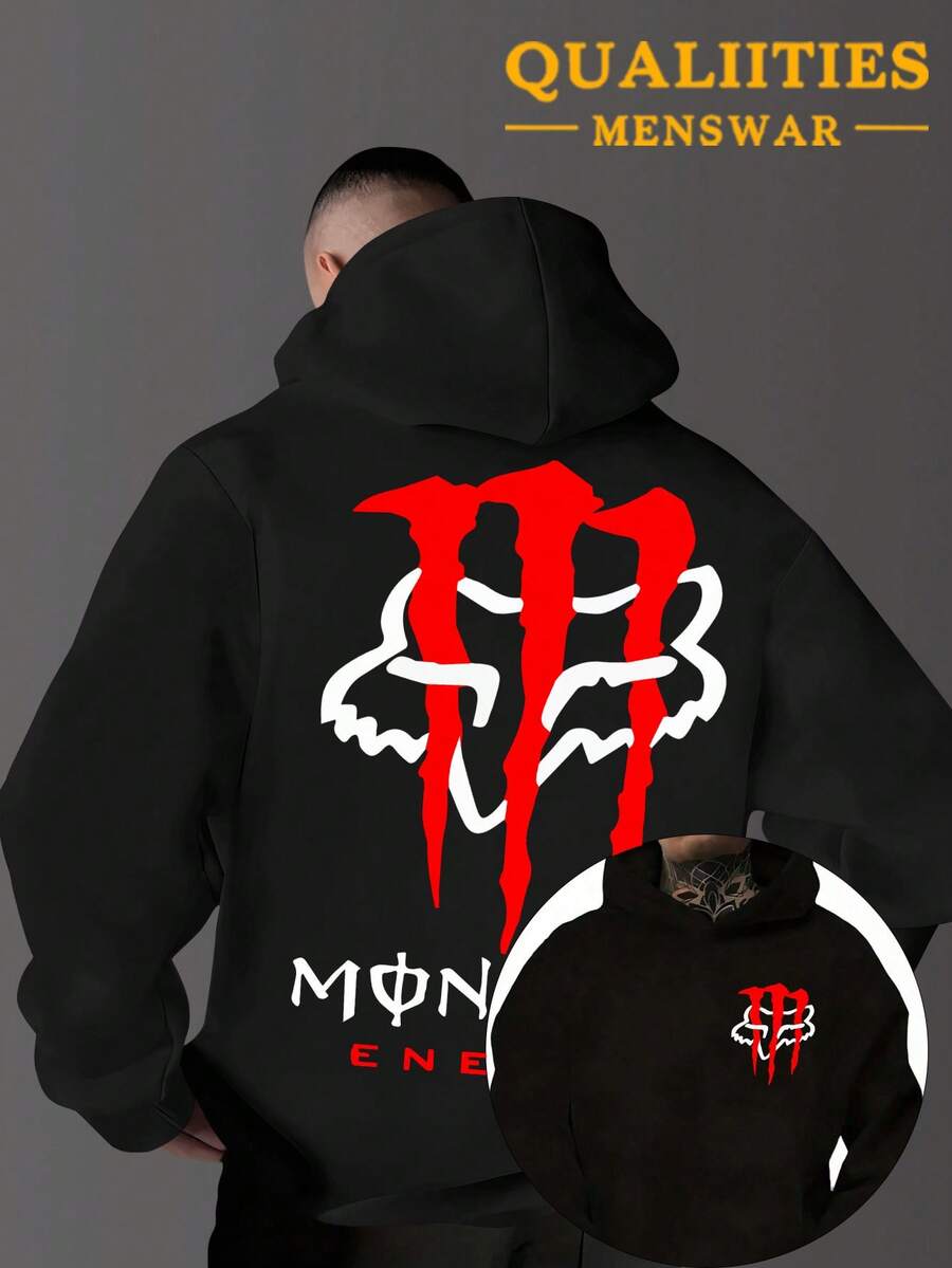 The Men's Style Is Suitable For Black Casual Fashion Hooded Plush Warm Hooded Sportswear In Spring And Autumn Or Winter. The Green Background And White Pattern Claw Mark Logo Are The Core Visual Elements. The Back Is Printed With A Large Size And The Chest Is Printed With A Small Logo, And The Arms Are Printed With The Word "MONSTER". This Multi-Functional Sports And Casual Loose Fit Is Suitable For Daily Travel And Street Wear, Made Of Soft Fabric - 黑色 - 查看 1