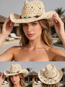 1pc Women's Hollow Woven Straw Hat, Denim Hat, Panama Hat, Beach Hat, Suitable For Outings, Vacations, And Beach Use In Summer - A - View 5