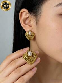 Vintage Stainless Steel Pearl Heart Flower Earrings, Elegant Gold-Tone Stainless Steel Earrings, Jewelry Box Gift For Women, Summer Accessories - Gold - View 2