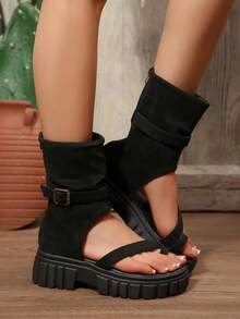 Women's High-Top Sandals, Retro High Thick-Soled Roman Boots Boots, New Fashion Open-Toe Zipper Boots - Black - View 7