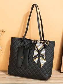 Versatile Quilted Tote Bag With Matching ID Card Holder And Stylish Scarf Accent To Carry All Essentials Scratch-Proof Laptop Shoulder Bag For Stylish Working Professionals Heavy-Duty Work Handbag To Hold Electronics During Travel And Subway Commutes PU Leather Purse Women's Bags Tote Bags - 彩色 - 查看 11