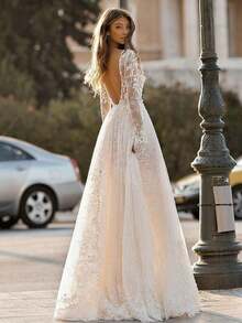 Women's Wedding Dress  Sexy Lace Long Sleeve Vacation Dress Evening Banquet Dress Spring - 白色 - 查看 2
