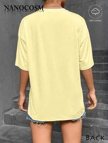 [100% Cotton] DVD Video Nostalgic Green Logo, Vintage Gaming Print T-Shirt, 2000s Aesthetic, Retro Good Shirts, Casual Round Neck Short Sleeve Pullover Tops For Spring / Summer / Fall -Unisex Women & Men's Campus Daily Wear - 黃色 - 查看 3