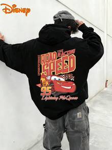 Disney Men's Casual Hoodie, Lightning McQueen "Road Speed" Print, Intense Racing Design, Comfortable Fit, Perfect For Racing Enthusiasts & Daily Life - 黑色 - 查看 1