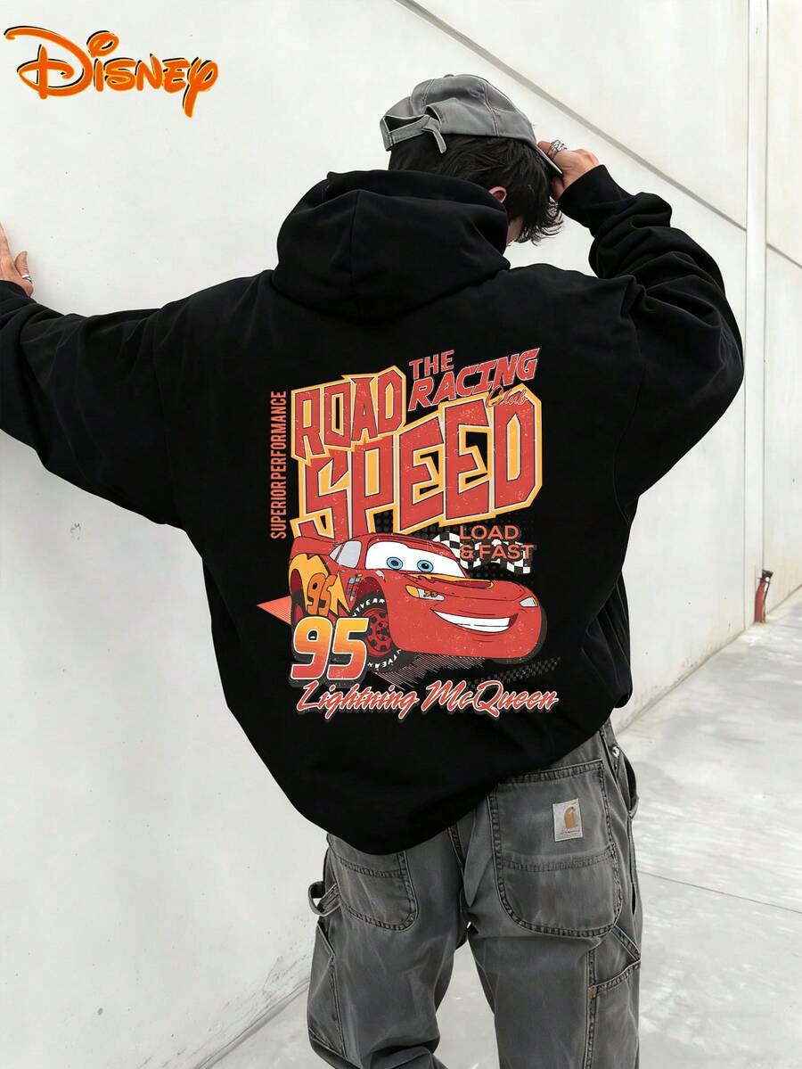 Disney Men's Casual Hoodie, Lightning McQueen "Road Speed" Print, Intense Racing Design, Comfortable Fit, Perfect For Racing Enthusiasts & Daily Life - 黑色 - 查看 1
