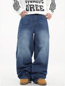 1件 Justice Brother 男士宽松水洗牛仔休闲阔腿牛仔裤（不含腰带/配饰） - 寶藍色 - 查看 3