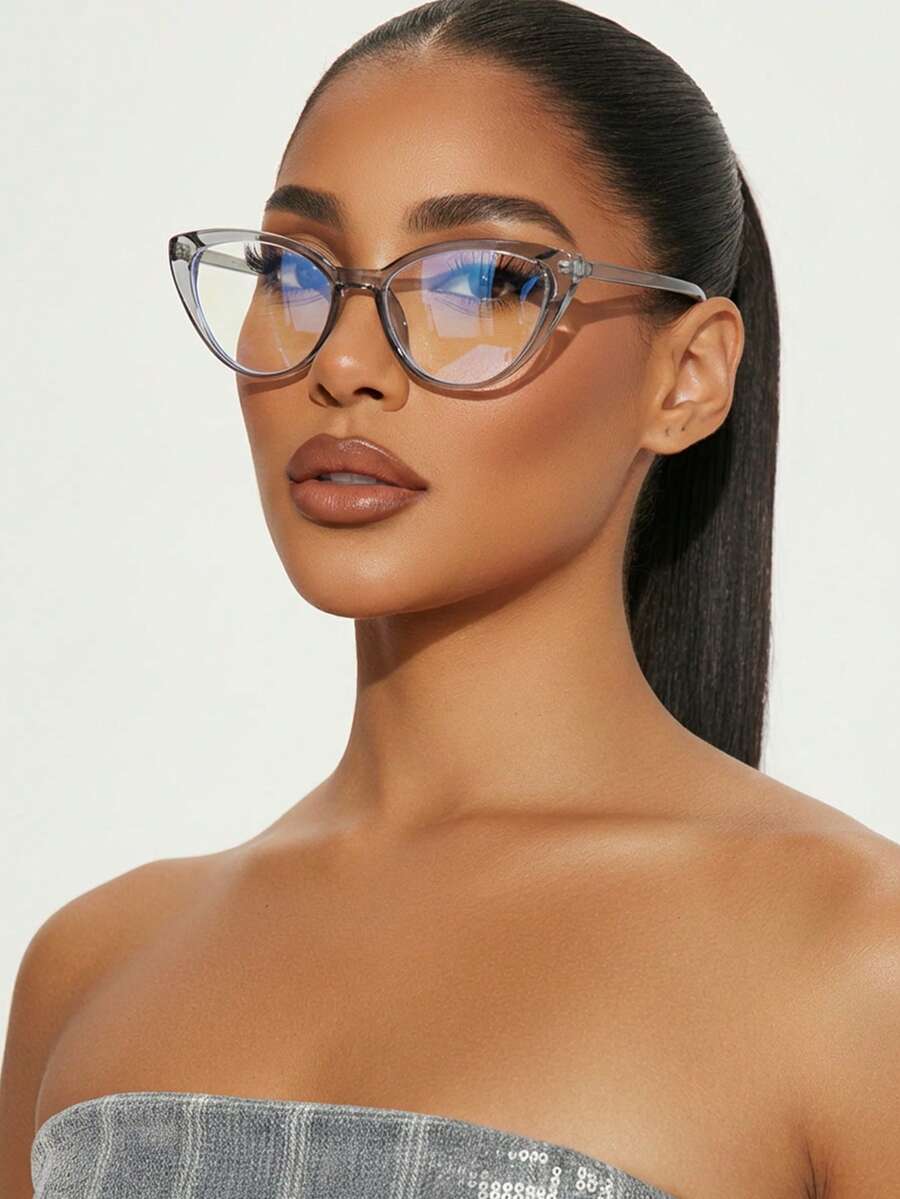 1 par de gafas de mujer con montura transparente gris de ojo de gato, estilo retro de unicolor minimalista y plano - Gris transparente - Ver 1