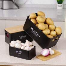 3pcs Black/White Onion, Potato, Garlic Storage Containers With Ventilation Holes And Bamboo Lids, Kitchen Organization, Stackable, Hand Wash, Reusable, Durable - Multicolor - View 4