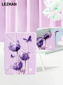 1pc Purple Crystal Tulip Pattern Rotating Foldable Flat Tablet Protective Case, Compatible With 2025/10th Gen/10.2", Pro 11" 2021/2020, Mini 6/7, Galaxy Tab A8 10.5" 2022, With Pencil Slot, Anti-Drop, Tablet Stand Protective Cover, Gift For Kids/Family - Multicolor - View 5
