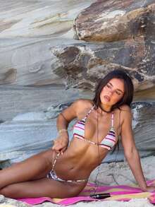 Set bikini sexy cu dungi, fără spate, cu noduri, stil drăguț, pentru vacanță, plajă, vară - Multicolor - Vizualizare 2