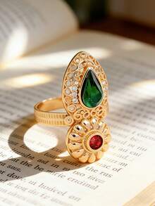 1pc Vintage Style Gold-Plated Red & Green Zirconia Gourd Shaped Ring For Women, Auspicious Meaning, Fashionable & Versatile Daily Or Holiday Wear - 02 - View 3