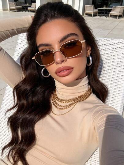 1pc Retro Narrow Rectangle Metal Frame Women's Fashion Glasses, 90s Style Thin Geometric Design Ladies Fashion Glasses, Summer Essential Vintage Narrow Frame Women Glasses