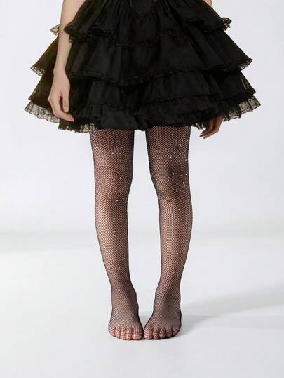 1pc Children's Thin Black Pantyhose, Luxury Rhinestone Shiny Ultra-Thin Mesh Stockings, Minimalist Classic Comfortable Fashionable Casual Tights, Suitable For Daily Wear, Holidays, Back To School, Valentine's Day