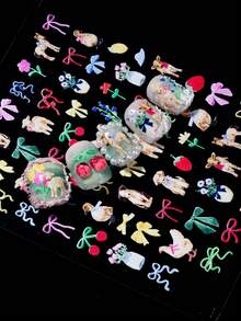 1 Sheet Macaron Cute Girl Nail Art Stickers, Featuring Teddy Bear, Rabbit, Duck, Pony And Other Adorable Animals, Paired With Macaron Colors, Bows, Strawberries, Floral Bouquets, Baby Bottles, Candies, Healing Soft And Sweet, Fresh Style, Perfect For Casual, Campus, Girlfriend Dates, Theme Parties - Multicolor - View 5