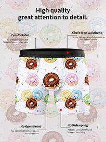 1条男士甜甜圈印花平角内裤，涤纶材质，可爱卡通图案，休闲家居服，适合日常穿着和作为零食主题礼物 - 白色 - 查看 3