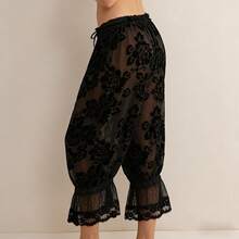 Y2K Coquette Sheer Floral Lace Bloomer Pants Ruffle Trim Wide Leg Pettipants - màu đen - Xem 2