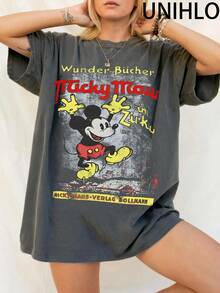 Disney UNIHLO  Mickey  Printed Summer Heavyweight Retro Washed Street Fashion Casual T-Shirt - màu đen - Xem 2