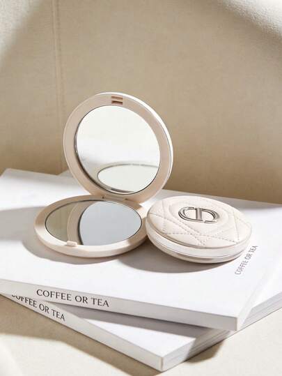 Christian Dior Heart-Shaped Embossed Powder Compact, White With Rhombus Pattern Design, Silver CD Logo, Double-Sided Mirror Design For Convenient Makeup Touchups