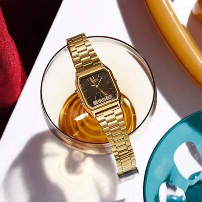 Casio Reloj vintage de doble zona horaria AQ-230GA-5A | Correa de acero inoxidable dorado, esfera marrón