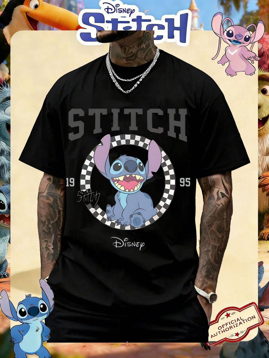 Disney Official Licensed Lilo & Stitch Stitch 1995 Retro Varsity Badge Print 220g Cotton Crew Neck Unisex Tee - màu đen - Xem 1