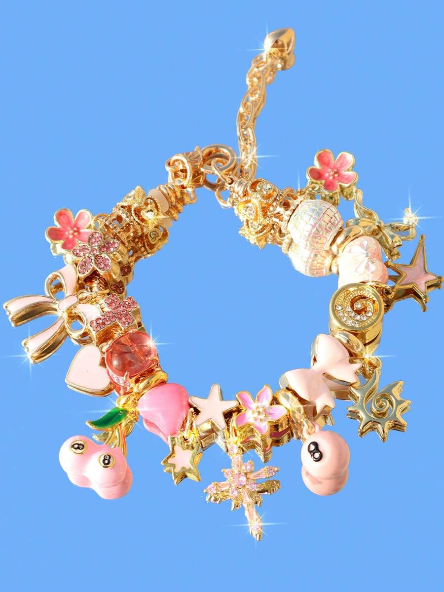 1pc Cute Pink Charm Bracelet, Cross Star Girl Bracelet, Pink Bow Heart Bracelet, Cherry 8 Ball Sakura Bracelet, Ramadan Sun Moon Bracelet