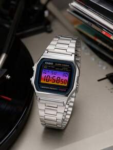 Casio 卡西欧男士石英表（DIY版，彩色卡片表盘），电池续航时间长，适合日常佩戴。具备液晶显示屏，可显示日期和星期，并带有闹钟功能。 - 銀色 - 查看 6