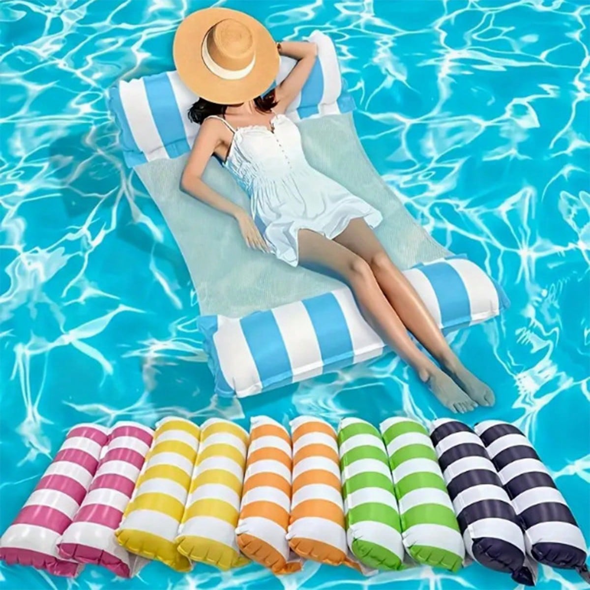 Pieza Hamaca de malla inflable para piscina - Silla de ocio a rayas para adultos, adecuada para vacaciones, fiestas y relajación. Disponible en rosa,