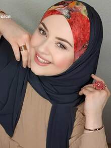 Printed Patchwork Headscarf, Soft & Drapey Turban Style Headwrap, Breathable Daily Wear - Navy Blue - View 4