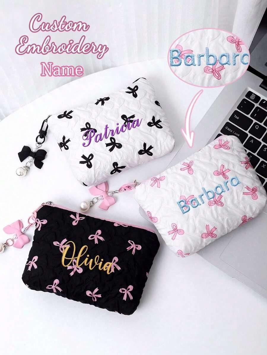 Customized Embroidered Bow Hexagon Cosmetic Bag, Cute High-Value Coin Purse Organizer, Bow Faux Pearl Pendant Bag Charm, Soft , Personalized, Gift For Friends, Customized Christmas Gift, Customized Gift