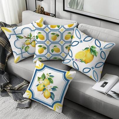 4pcs Yellow Lemon & Blue Geometric Pattern Cushion Covers, Single-Sided Printed Soft Peach Velvet Fabric, 45*45CM Pillow Covers Suitable For Home Bedroom Living Room Party Holiday Decor, Sofa Decorative Throw Pillow Covers Gift (No Pillow Insert)