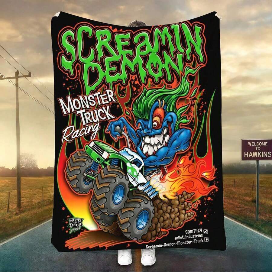 1PC 3D Monster Jam Monster Truck Cartoon Blanket, Edgy Gift For Motorsports Fans, Themed Man Cave Decor, Retro Sci-Fi Party Accent & Race Day Souvenir,Soft Throw Blanket For Home Bedroom Bed Sofa Picnic Travel Office Cover Blanket, Multiple Sizes 50x60 To 60x80 Inches